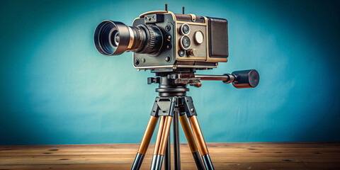 A vintage style studio video camera sits atop a sturdy tripod, its lens pointing forward, ready to capture high-quality footage in a professional setting.