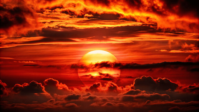 beautiful red sunset with clouds and big sun