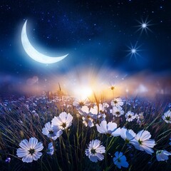 Fototapeta premium an image of flowers illuminated by moonlight, with bokeh effects mimicking the soft glow of stars in the background. Upscale and HD image, 500 dpi resolution.