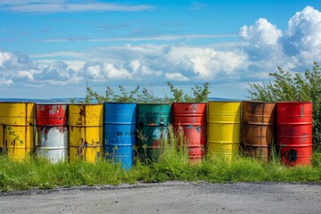 industrial color barrels standing in a row in a warehouse