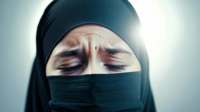 Portrait of a woman in a niqab with an expression of sadness and anxiety on her face.
Concept: religions and culture