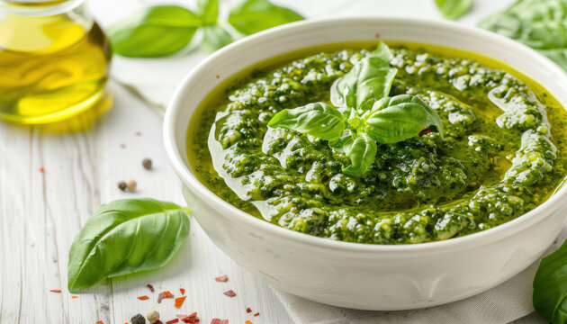 Homemade Basil Pesto Sauce in a White Bowl.
