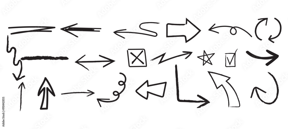 Poster hand drawn chalk pencil arrows doodle set. direction pointers in sketch style, scribbles and circle 