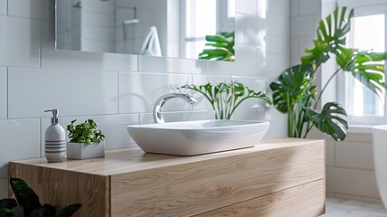 Contemporary bathroom with white sink, oak finish vanity, large mirror, and potted plants, illuminated by morning light. Bathroom white sink wooden vanity