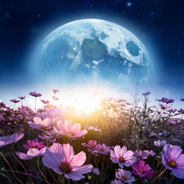 an image of flowers illuminated by moonlight, with bokeh effects mimicking the soft glow of stars in the background. Upscale and HD image, 500 dpi resolution.