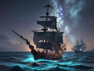 Pirate ship sailing into a bioluminescence sea with a galaxy in the sky, epic, 4k, ultra, Generative AI