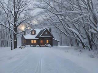 Footprints in fresh snow leading from a dense, eerie forest towards the front door of an isolated farmhouse, illuminated by the cold light of dawn. Generative AI