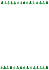 Illustration frame of small naive Christmas trees, hand-drawn with watercolors. Christmas illustration. Perfect for a postcard and any themed designs. Minimalistic drawing for Christmas and New Year