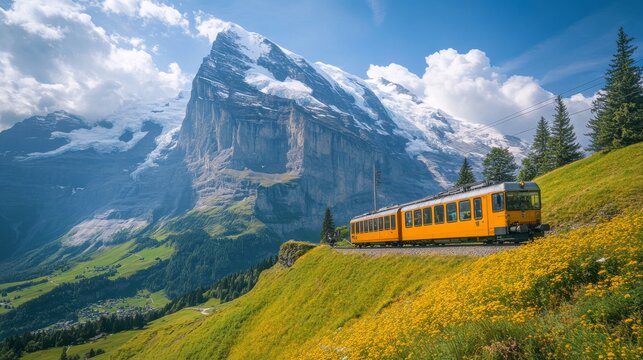 Traditional Swiss Electric Train from Kleine Scheidegg to Eigergletscher, Jungfrau Bahn, Eiger North Wall and Monch in the Background, Lauterbrunnen, Switzerland 