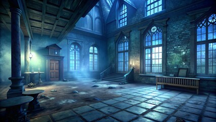 Fototapeta premium isty Gothic Hallway with Tall Windows and Moonlight Glow