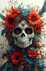 Sugar skull girl with colorful flowers. Dia de los muertos. Day of The Dead.