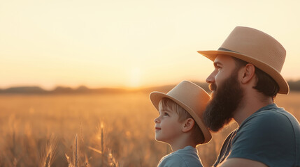 A bearded man and a young boy wearing hats, looking into the distance with ample copy space. This image captures the essence of outdoor adventure, family bonding, and generational