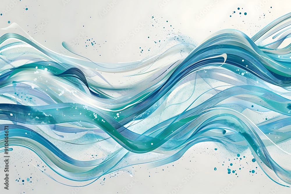 Wall mural an abstract wave pattern with flowing lines in shades of blue and teal, accented with splashes of wh