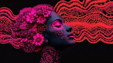 
A woman's face is adorned with vibrant, intricate patterns and floral designs against a dark background
