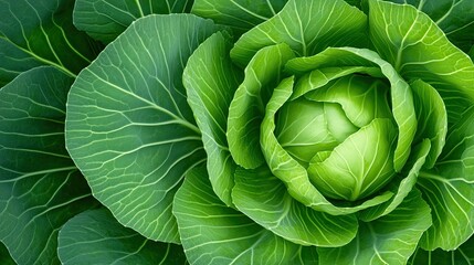 Fototapeta premium A vibrant green cabbage rests at the center of rich green leaves, showcasing its freshness and healthy growth in a thriving garden setting