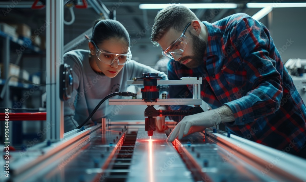 Poster engineers calibrating a high-precision laser cutter in a tech lab, demonstrating innovation on engin
