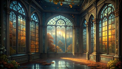 Sunlit Gothic Room with Autumn Leaves and Morning Light
