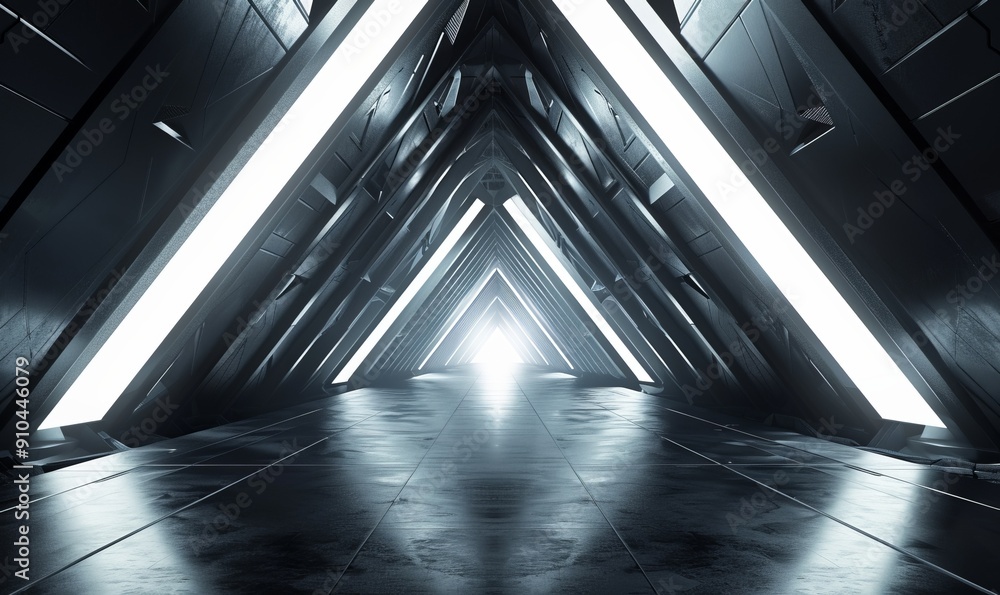 Poster the rendering is a 3d image of a futuristic triangle spaceship corridor with a dark abstract theme