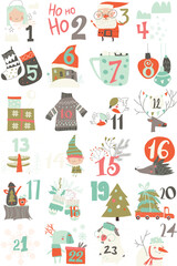 Advent calendar with Christmas decoration and characters. Vector illustration