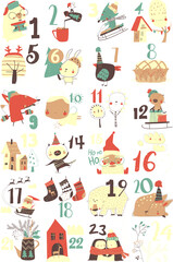 Fototapeta premium Advent calendar with christmas decoration and characters. Vector illustartion