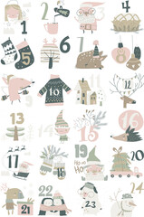 Advent calendar with Christmas decoration and characters. Vector illustration