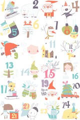 Advent calendar with Christmas decoration and characters. Vector illustration