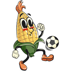 character of a cute corn cartoon vector isolated clip art mascot illustration playing football soccer, work of hand drawn
