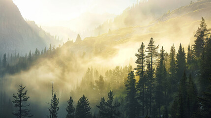 A beautiful forest with a misty, foggy atmosphere