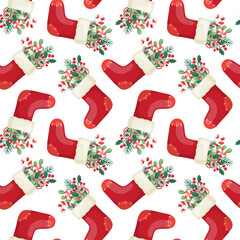 Seamless pattern with red santa socks with bouquet christmas and winter plants.  Hand-drawn style. Perfect for wrapping paper, scrapbooking, textile, banner, card, and product design.