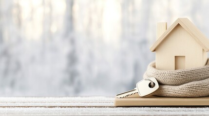 Naklejka premium Keys lay on fresh snow beside a small house model, showcasing a serene winter atmosphere and the excitement of new beginnings