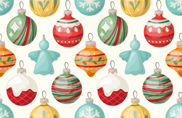 Seamless pattern with Christmas balls, baubles and toys for fir tree decoration. Hand drawn cartoone style. Perfect for fabric, scrapbooking, banner, card, wrapping paper, textile, wallpaper.