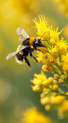 A bee is flying over a yellow flower