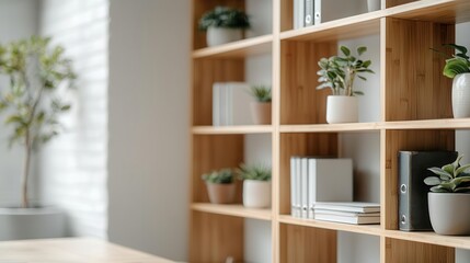 Fototapeta premium Sustainable bamboo shelving unit in a minimalist home office, eco-friendly design