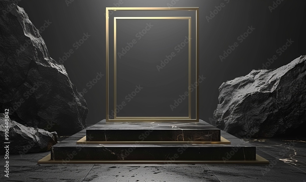 Poster abstract minimalist background of steps, golden square frame and empty cobblestone podium for produc