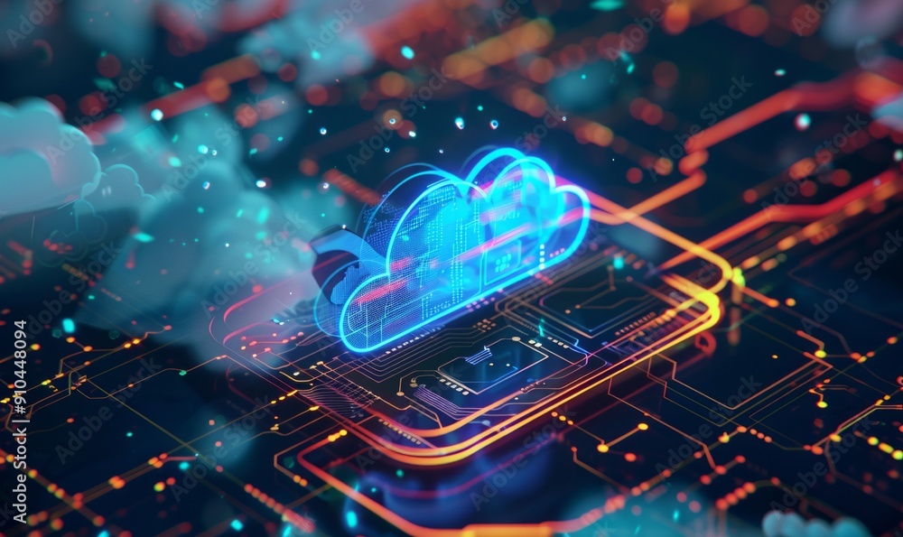 Poster on an abstract tech background, a cloud computing concept is shown. --ar 5:3 --v 6 job id: 8d5cc96e-