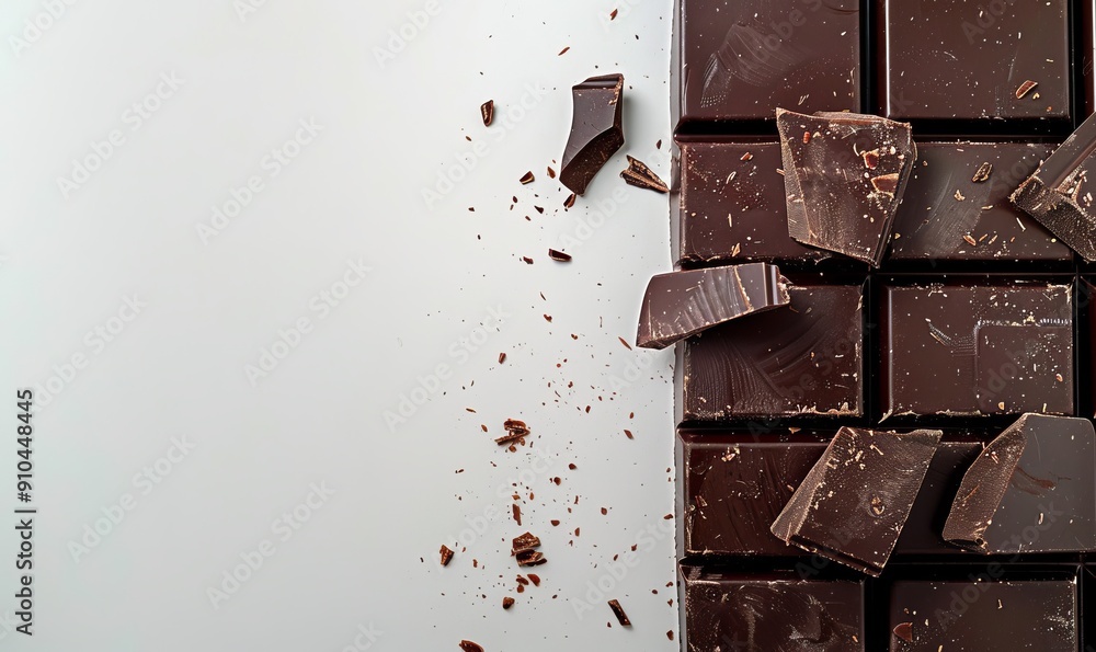 Poster rich, decadent dark chocolate with a hint of bitterness on a white background with ample copy space 