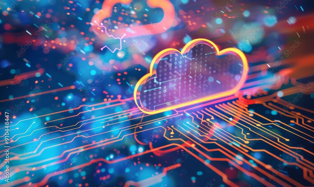 Poster on an abstract tech background, a cloud computing concept is shown. --ar 5:3 --v 6 job id: 8d5cc96e-