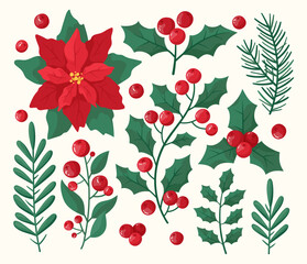 Christmas and winter cozy floral collection. Set of poinsettia, leaves, branches, berries, holly. Christmas botanic elements for invitations, cards, textile, fabric, posters, banners.