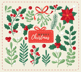 Christmas and winter floral cozy collection. Hand drawn set of poinsettia, leaves, branches, berries, holly. Christmas botanic elements for invitations, cards, textile, fabric, posters, banners.