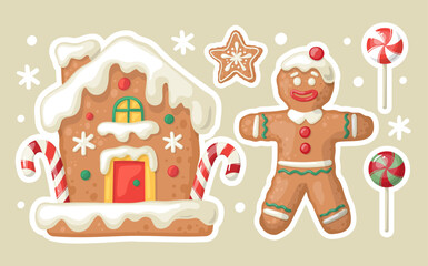 Gingerbread cookies set. Vector illustration of Christmas baking. Gingerbread man, house, star and candy. Vector elements for sticker pack, banner, card, postcard.