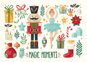 Christmas set with Nutcracker, baljerina and festive symbols and design elements. Perfect for posters, postcard, invite, wall art, banner, card, cover.