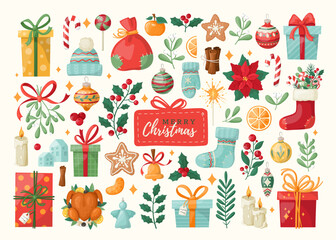 Big cozy collection of Christmas, New Year and winter items. Festive symbols and design elements. Hand-drawn style. Vector elements for sticker pack, banner, card, postcard, cover.