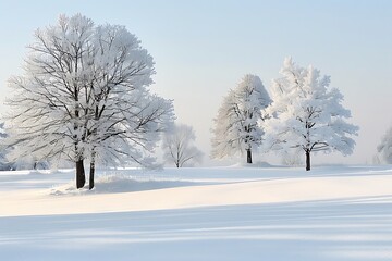 27. A serene winter landscape with snow-covered trees in soft white and grey tones, under a clear, pale blue sky, with gentle shadows creating a sense of calm and quiet.