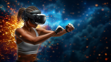 Woman Boxing In Virtual Reality With Sparkles
