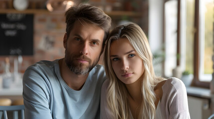 Young couple looking at camera in kitchen.