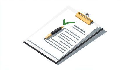 Checklist with pen, application form, survey, document with green checkmark, sheet of paper with checkmark. Vector illustration