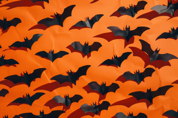 Halloween Background with Black Bats on Orange Surface.