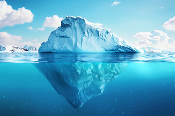 Obraz premium Iceberg imposant flottant dans les eaux bleues et cristallines de l'océan Arctique, révélant à la fois sa partie visible et cachée sous l'eau, beauté et la puissance des paysages polaires