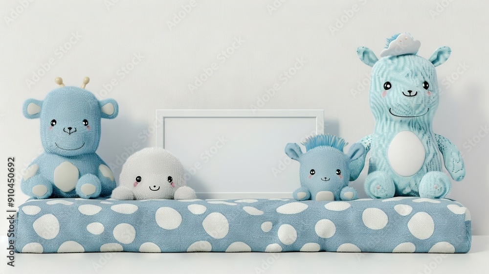 Canvas Prints   A group of stuffed animals sit on a blue-white polka dots blanket beside a framed photo