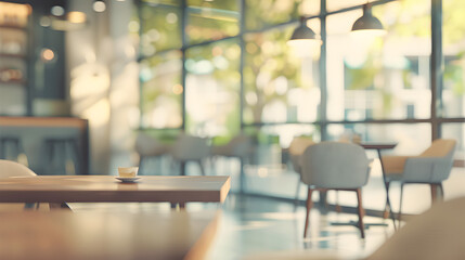 blurred background of modern office interior with panoramic windows and beautiful lighting
